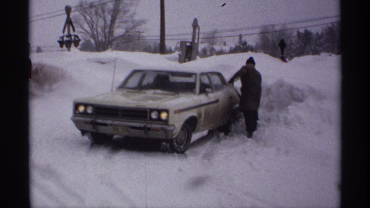 Person beside a light-colored car partly buried in roadside snow.