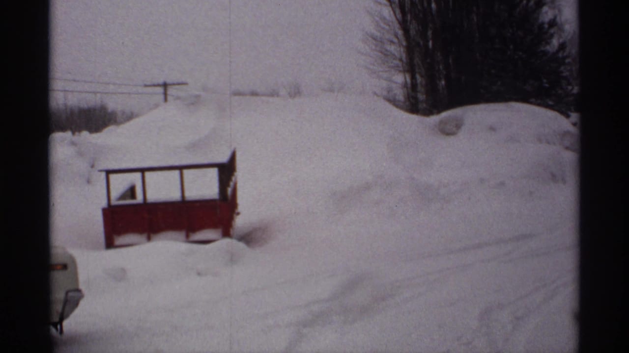 Snow-covered rural yard with a red utility trailer partly buried beside large snowdrifts.