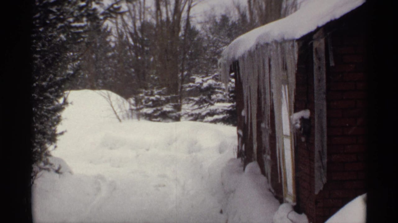 Snowy yard beside a brown building with long icicles hanging from the roof edge.