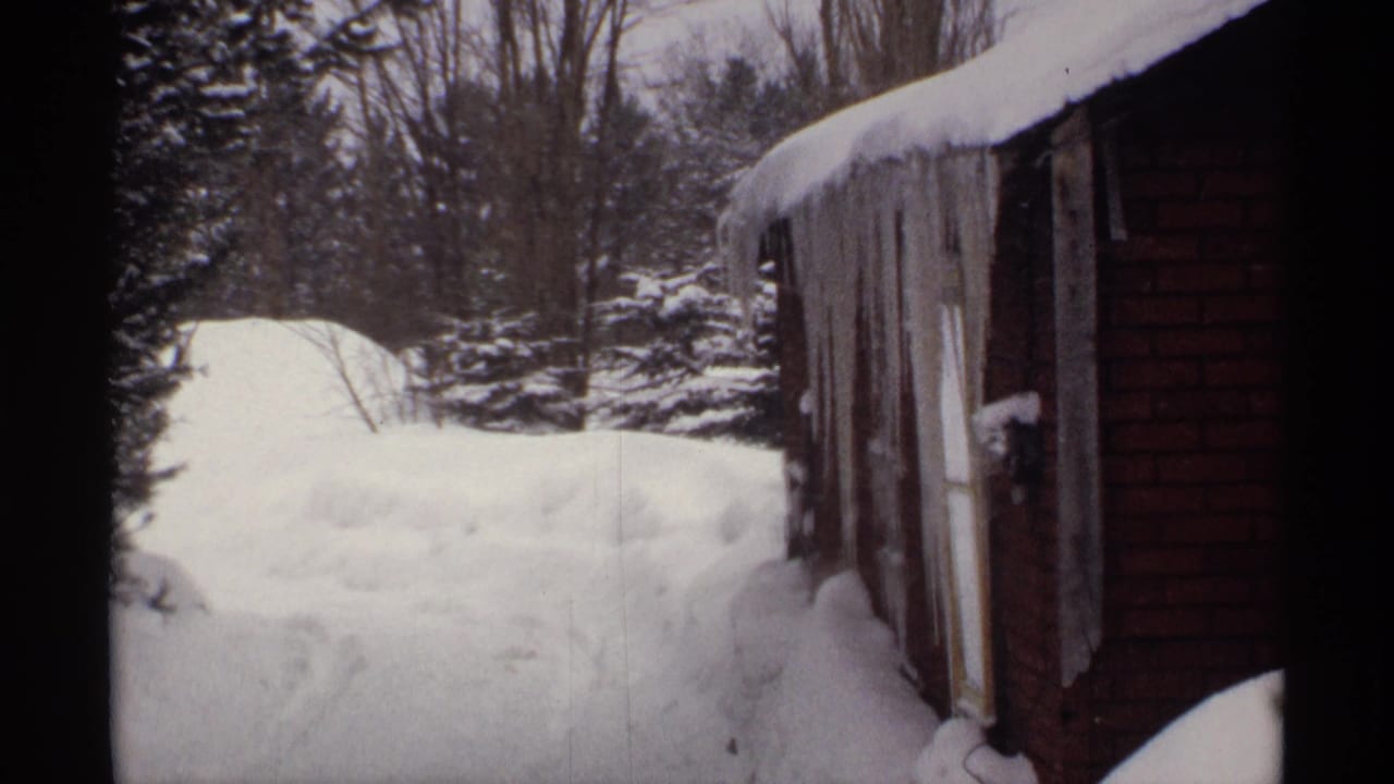 Snowbanks and icicles along the side of a brown building in a wooded winter yard.