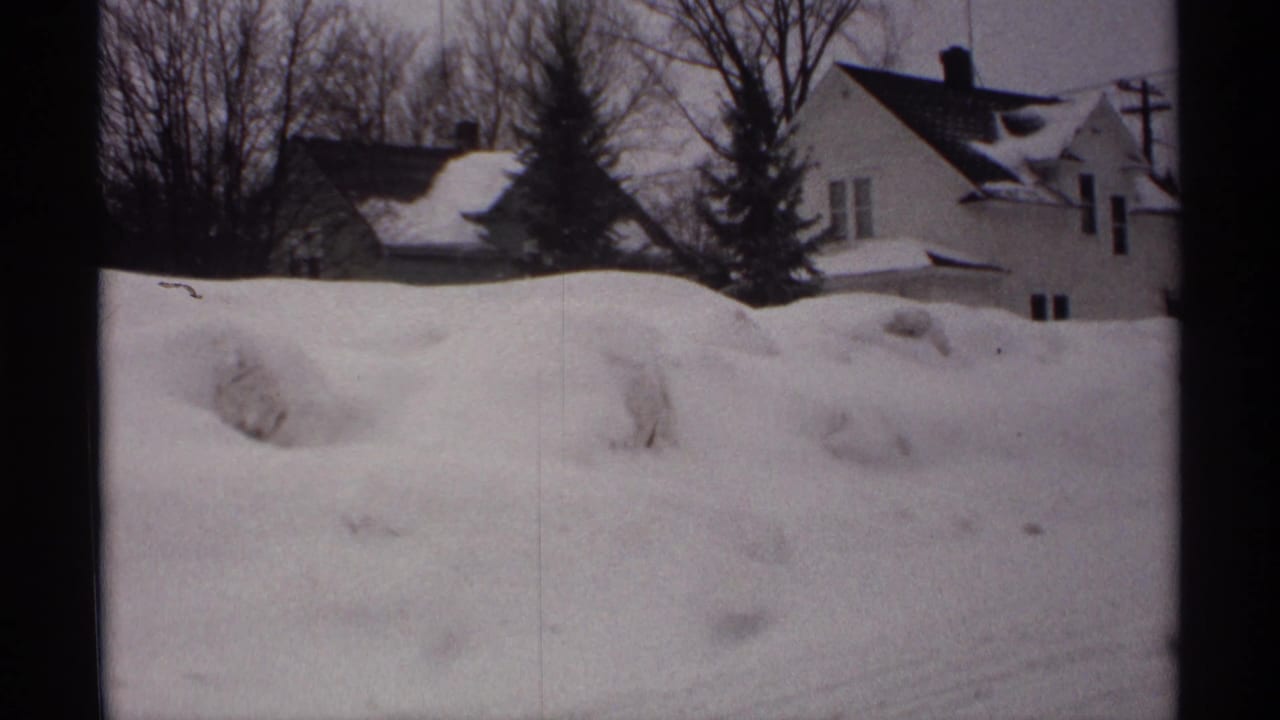 Snow-covered houses behind a high roadside snowbank.
