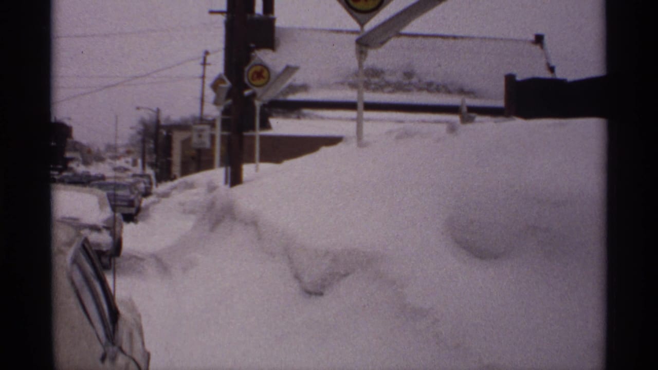 Snowbank beside a street with partially buried parked cars and roadside signs.