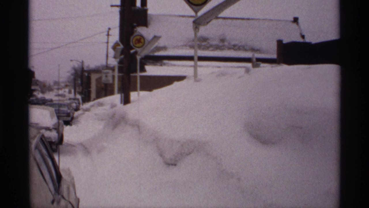 Snow-covered street edge with buried cars, signs, poles, and a building facade.