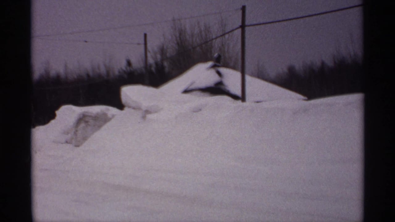 Snow-covered roadside with large drifts, poles, wires, and bare trees.