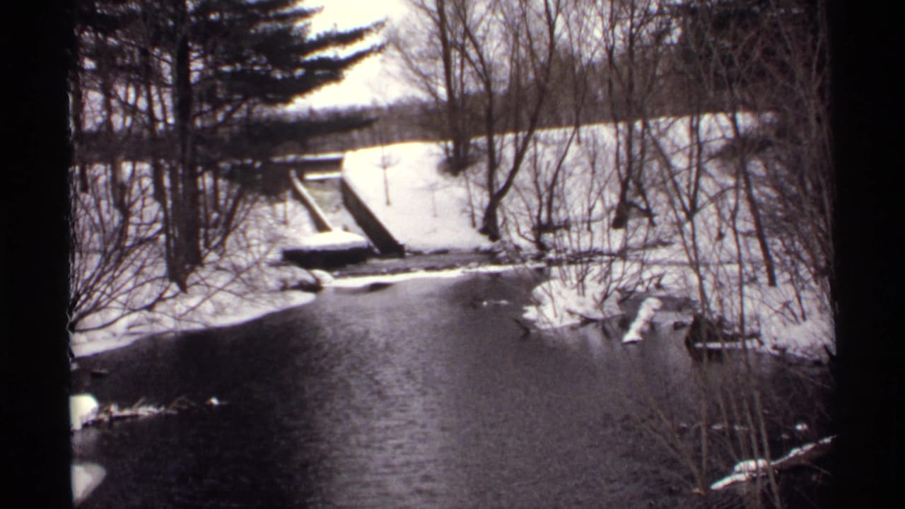 Snowy stream with bare trees, evergreens, and a small bridge or concrete crossing.
