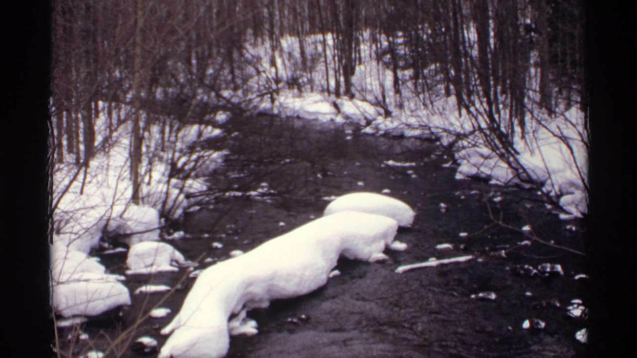 Dark river flowing through snow-covered banks and bare winter trees.