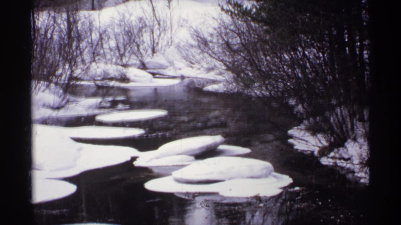 Snowy river with dark water, flat ice sheets, and leafless brush along the banks.
