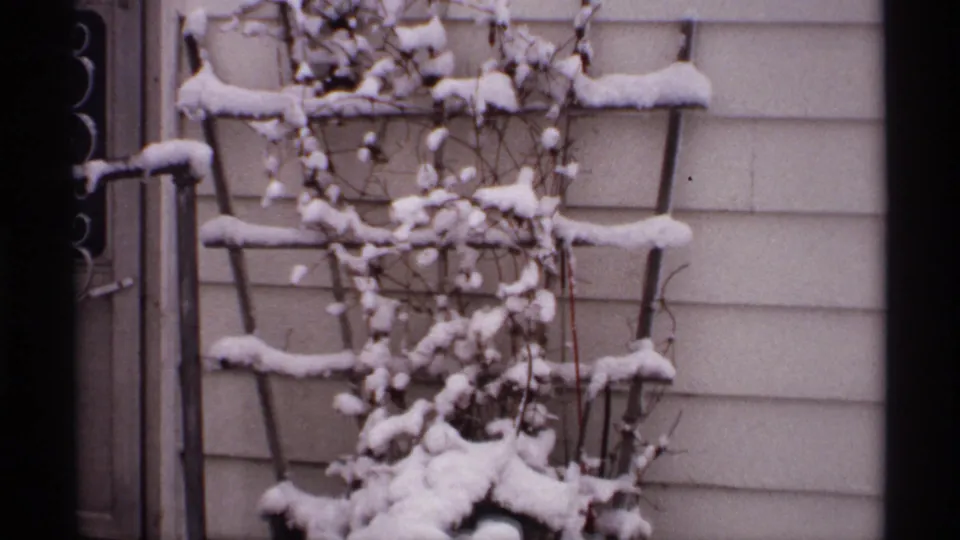 1971 Wisconsin home-movie frame of a snow-laden trellis with bare garden vines beside light house siding.