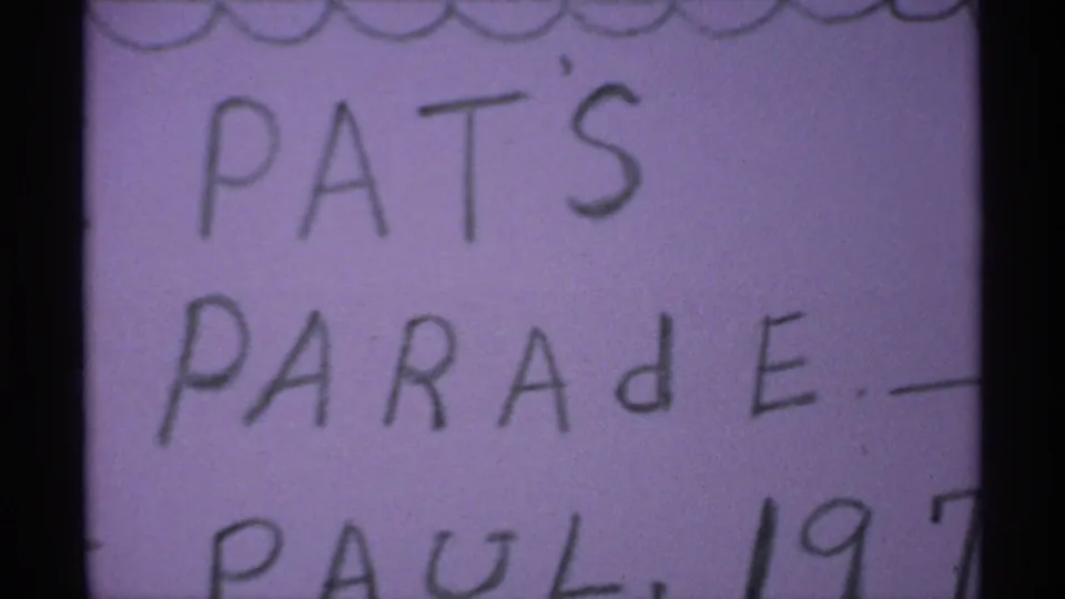 Purple-tinted handwritten title card for Pat's Parade, with partial Paul and 1971 text visible.