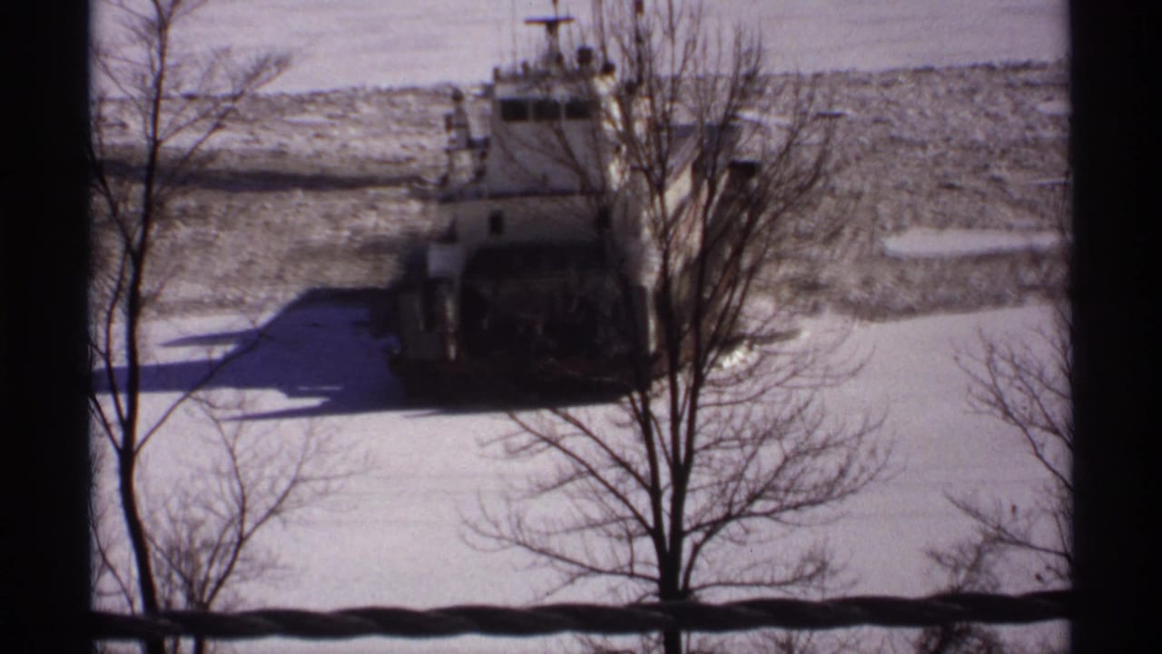 White tugboat near a snowy riverbank, seen through bare trees and dark foreground bars.