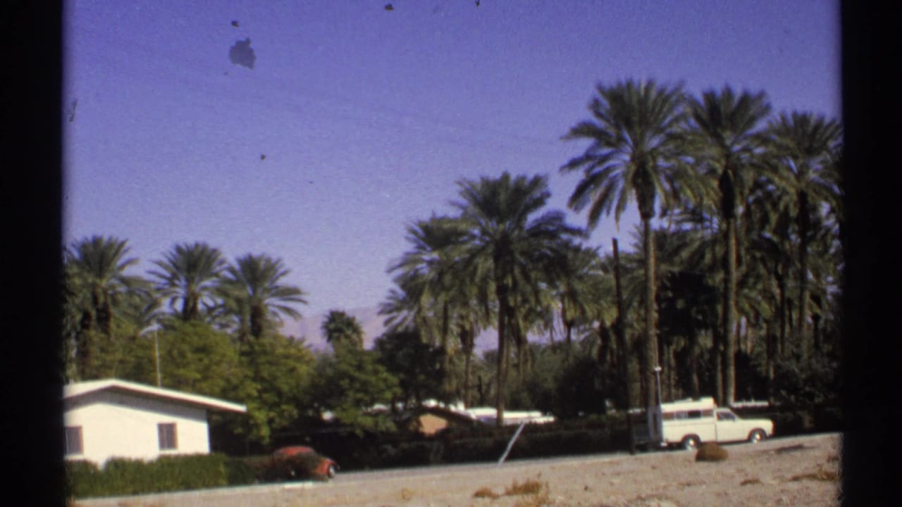 1972 Arizona 8mm view of palms behind a small light-colored house, with a red car and white station wagon on a gravel lot.