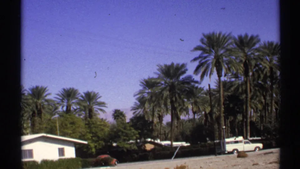 1972 Arizona 8mm frame showing palms, the edge of a small house, a red car, and a white station wagon beneath clear sky.