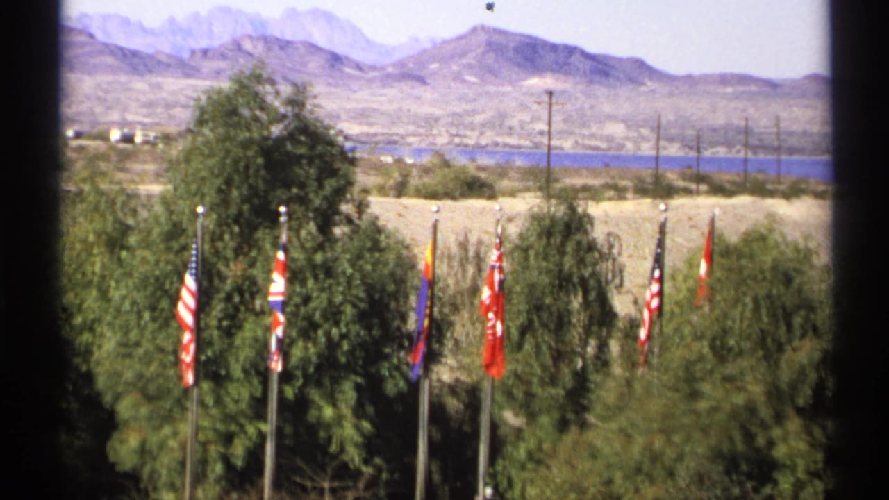 1972 Arizona view of still national flags on poles near trees, backed by desert hills, utility poles, and blue water.