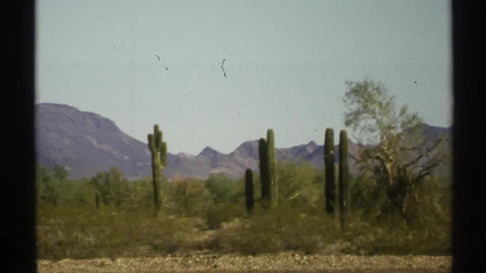 1972 Arizona 8mm frame showing saguaros, scrub desert, and distant rugged mountains under a pale sky.