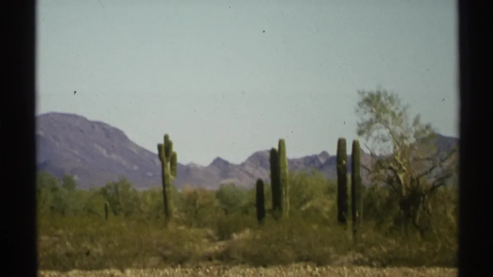 1972 Arizona home-movie frame from a moving viewpoint, with saguaros and desert brush against mountain ridges.