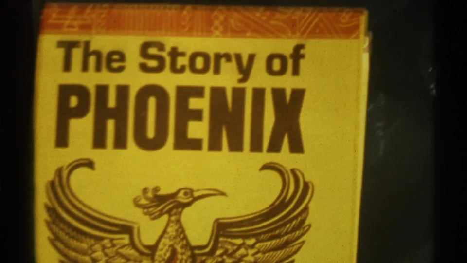 Close view of a yellow book cover titled The Story of Phoenix with a stylized bird illustration.