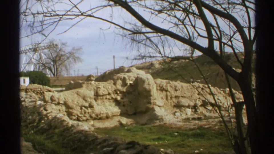 1972 Arizona frame showing Pueblo Grande adobe remains on a low rise, with branches crossing the foreground.