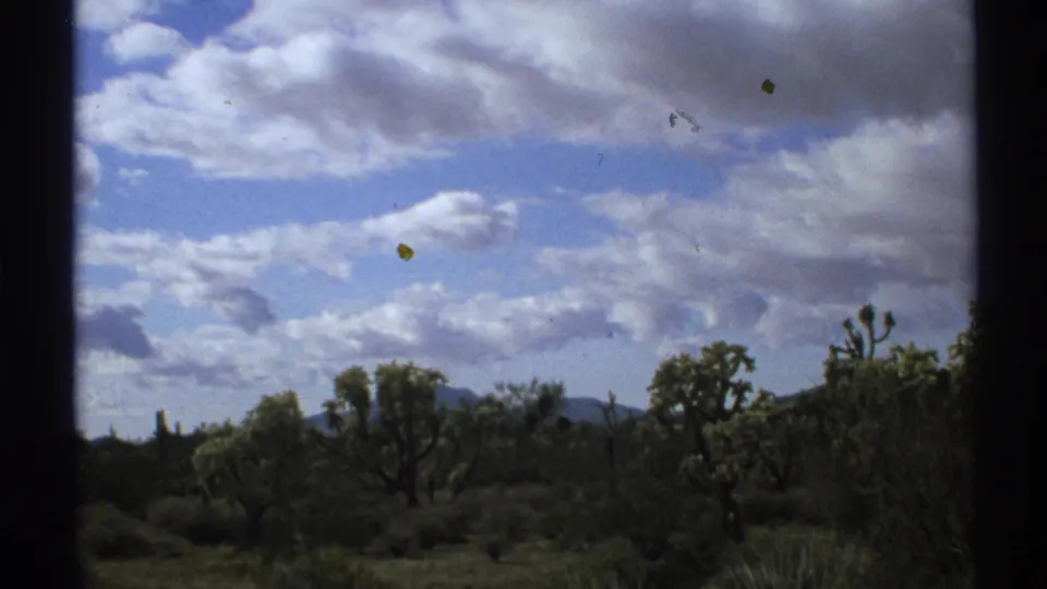 Arizona desert landscape on 8mm film, with scrub, Joshua trees, distant mountains, and large clouds.