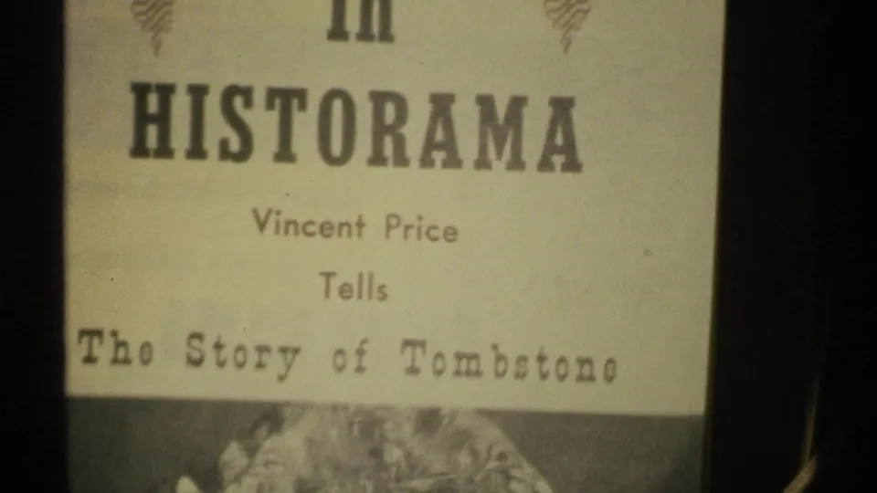 8mm frame of a title card for "Historama," crediting Vincent Price and "The Story of Tombstone."