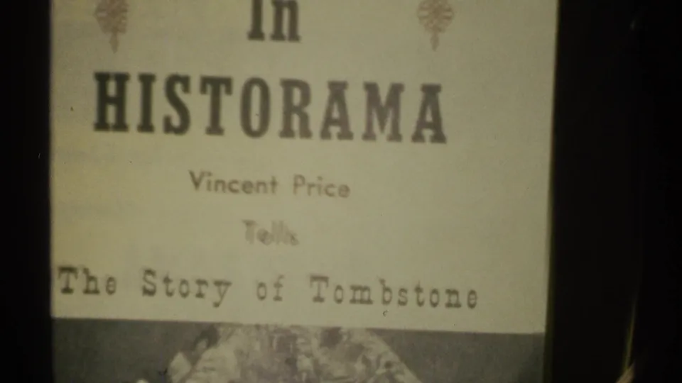 1972 Arizona 8mm frame showing a HISTORAMA title card with Vincent Price credited as narrator for The Story of Tombstone.