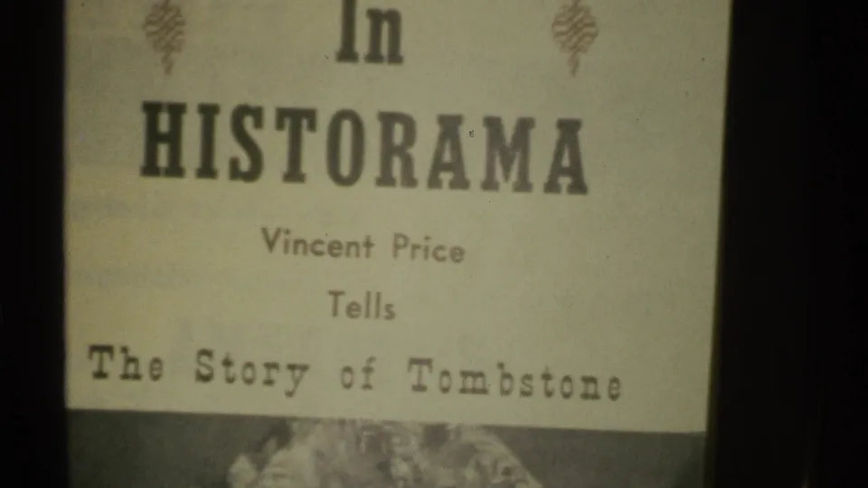 1972 Arizona 8mm frame repeating the HISTORAMA title card for Vincent Price narrating The Story of Tombstone.