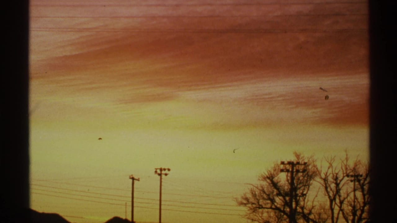 Streaked sunset sky with silhouetted utility poles, overhead wires, bare branches, and roof edges.
