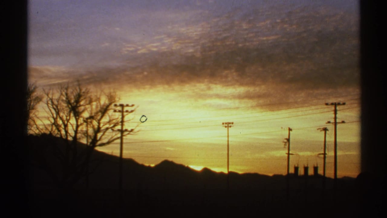 Desert sunrise with dark mountain silhouettes, bare trees, and utility poles.