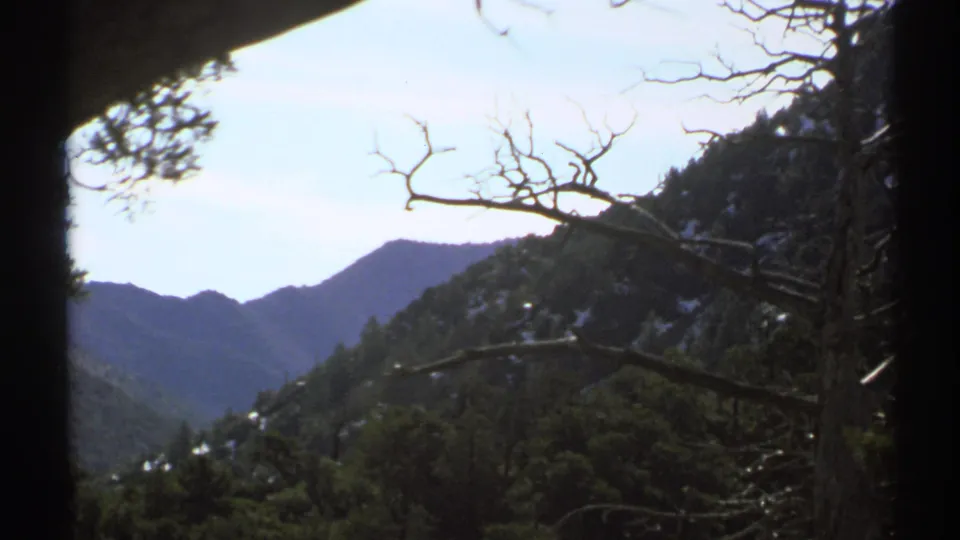 1972 Chiricahua landscape frame showing a mountain valley, wooded slopes, bare branches, and soft 8mm color exposure.