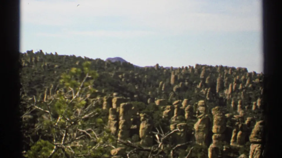 1972 Arizona 8mm frame with clustered rock spires, wooded hillside, soft focus, foreground branches, and bright sky above.