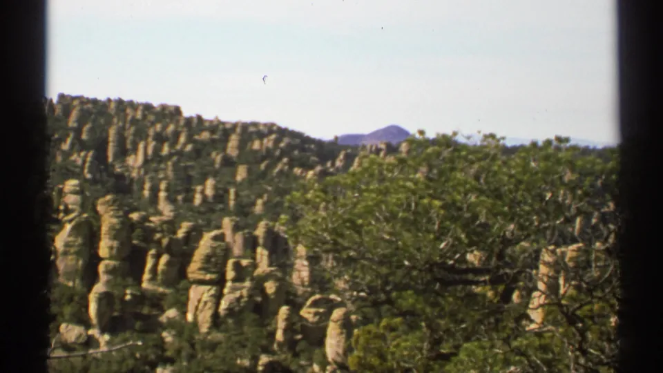 Arizona 8mm landscape frame showing tan pillar-like rocks, green desert trees, and low mountains beyond.