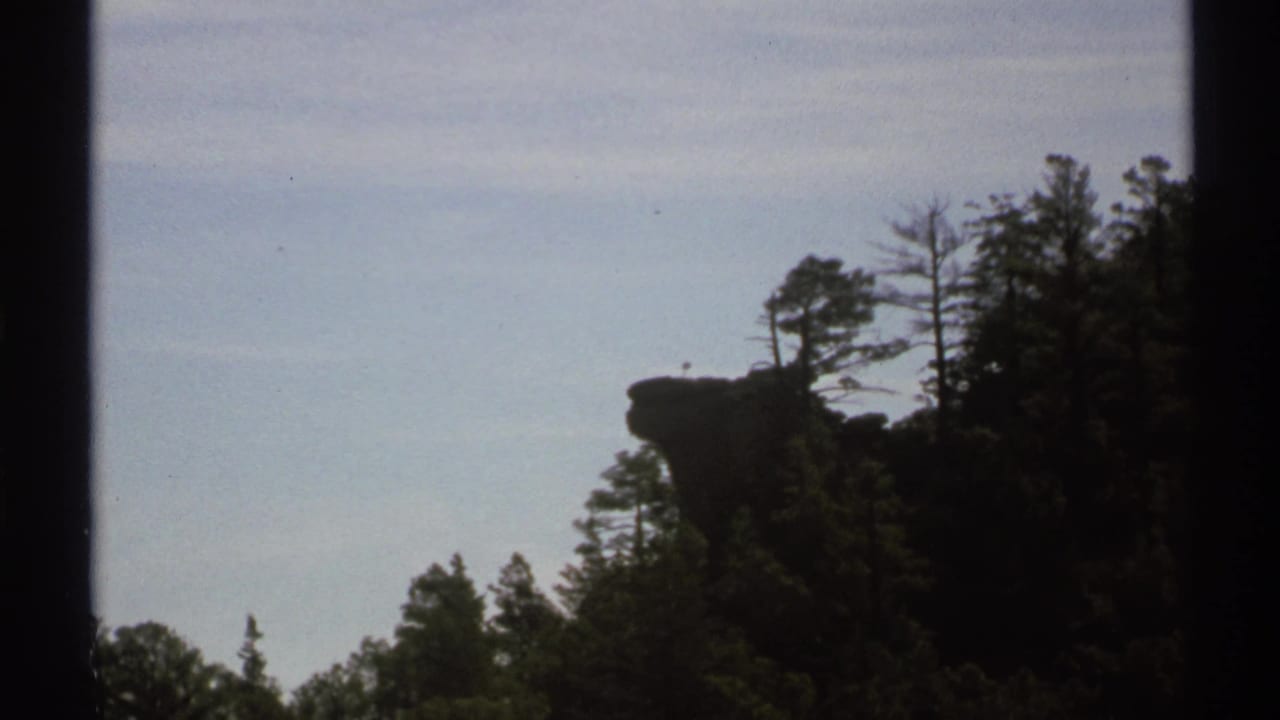 Forested hillside with a protruding rock outcrop silhouetted against a pale sky.