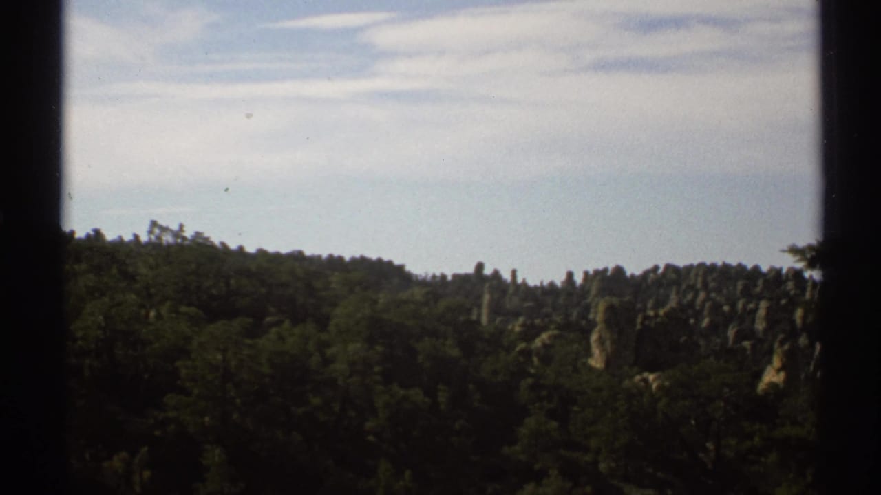 Distant pine-covered rock formations beneath a pale sky, framed by dark film edges.