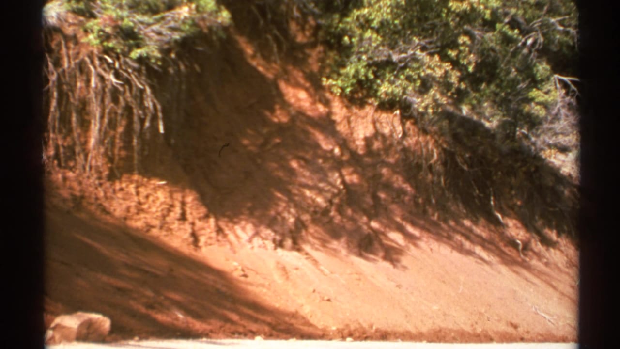 Eroded reddish slope below shrubs, crossed by shadow and film borders.