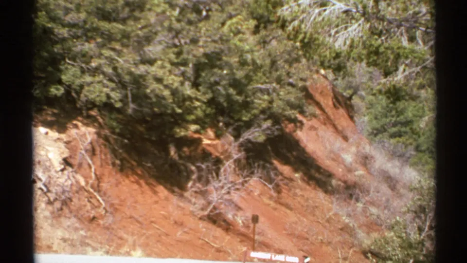 1972 Arizona 8mm frame widening to show scrub vegetation, a reddish cut slope, dry branches, and a small sign-like object near the bottom edge.