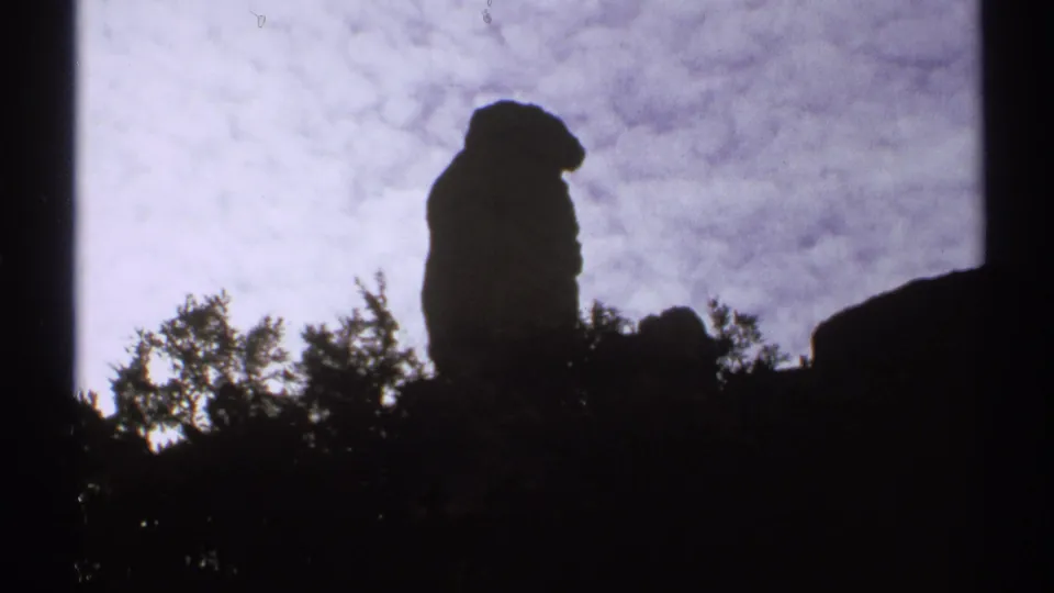 1972 Arizona 8mm frame showing a tall rock formation in silhouette above dark trees beneath a textured cloudy sky.
