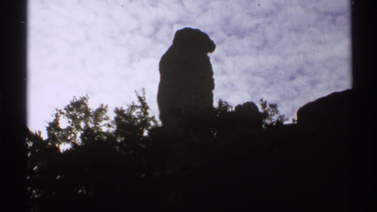 Tall silhouetted rock formation with low trees and cloudy sky.