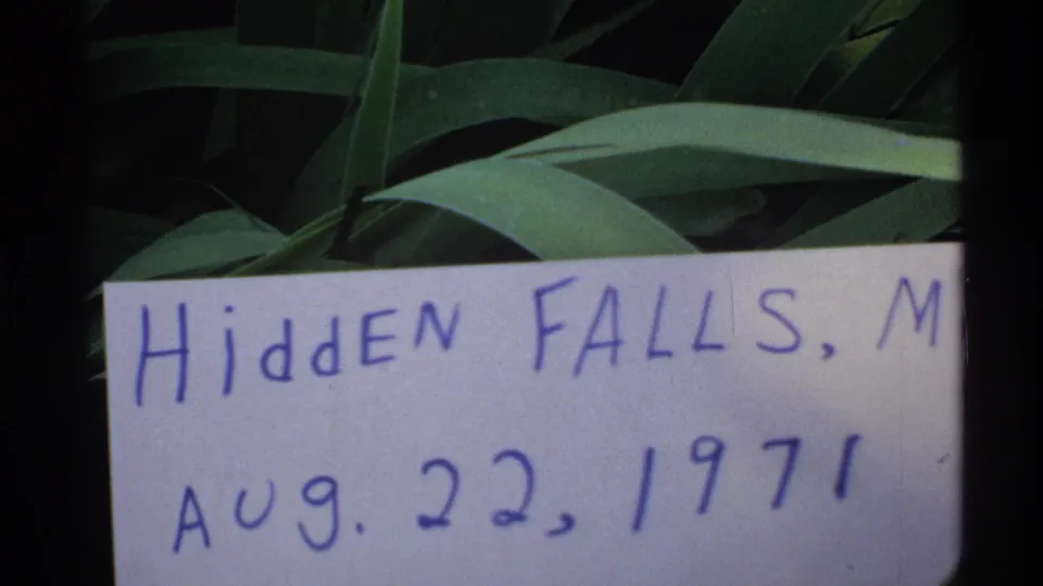 The same handwritten Hidden Falls, Minnesota date card remains in close-up, partly cropped by the 8mm frame.