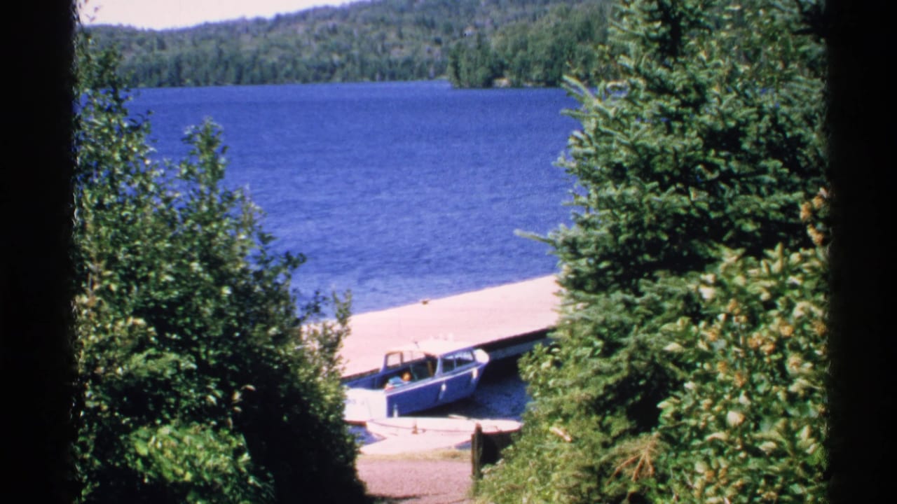 Blue motorboat beside a wooden dock on a forested lake shore.