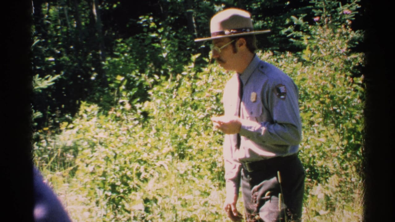 Uniformed ranger in a campaign hat standing beside dense forest vegetation.