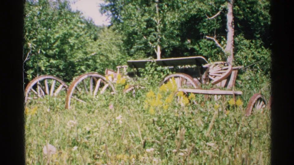 1972 Isle Royale home-movie frame showing a weathered wooden wagon in a grassy wildflower field with trees behind it.