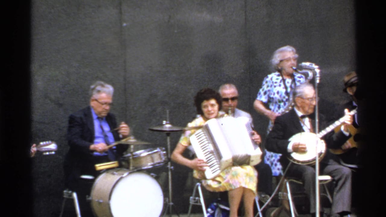 Small band with drummer, accordion player, singer, and banjo player on stage.