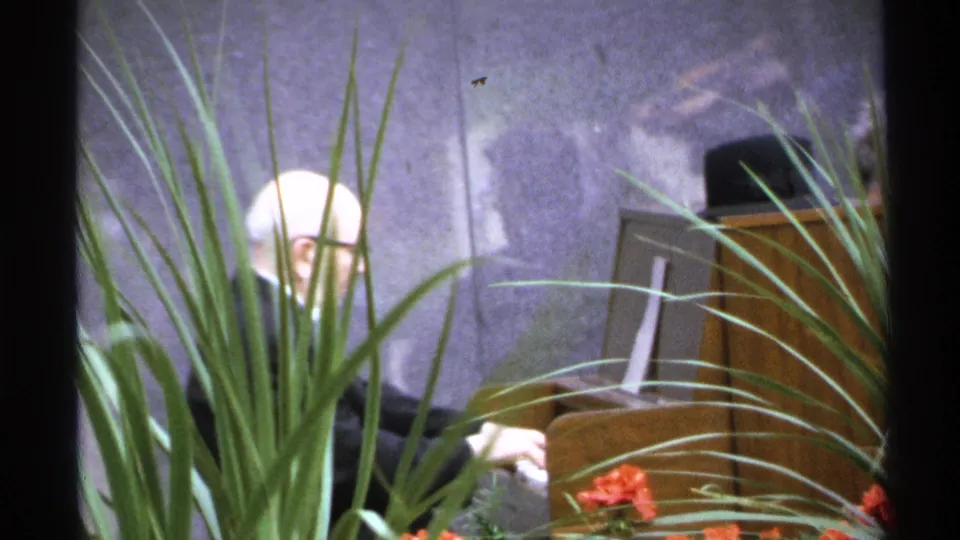 1972 Isle Royale home-movie frame showing a pianist partly obscured by tall plants, with a piano and stage wall behind.