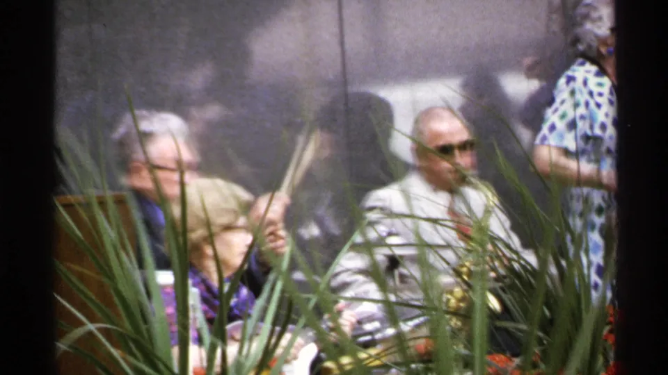 1972 Isle Royale home-movie frame with seated adults, a saxophonist, and foreground grasses at an outdoor musical gathering.