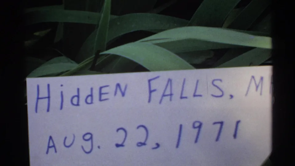 Handwritten Hidden Falls sign with Aug. 22, 1971 visible, framed tightly against leafy plants.