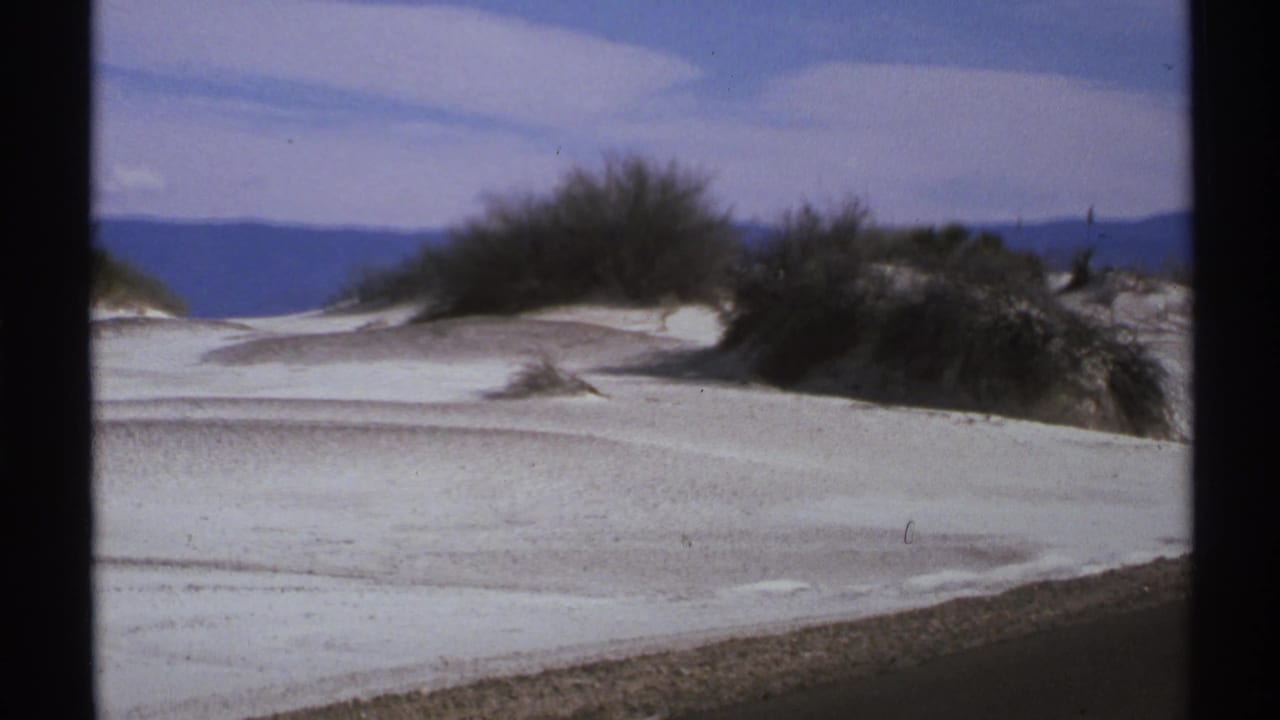 Pale dunes and scrub plants with mountains across the horizon under a blue sky.