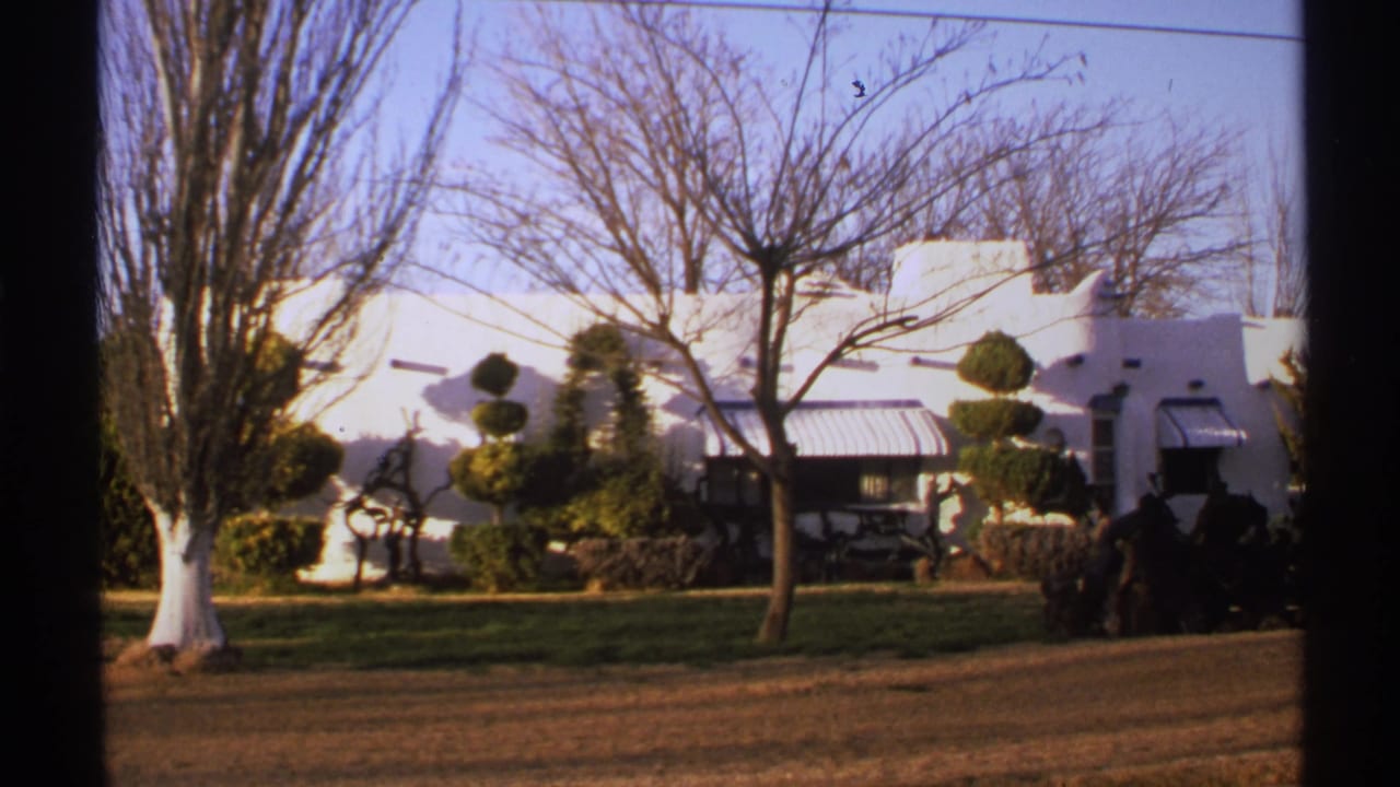 White stucco building with bare trees, trimmed shrubs, lawn, and roadside foreground.