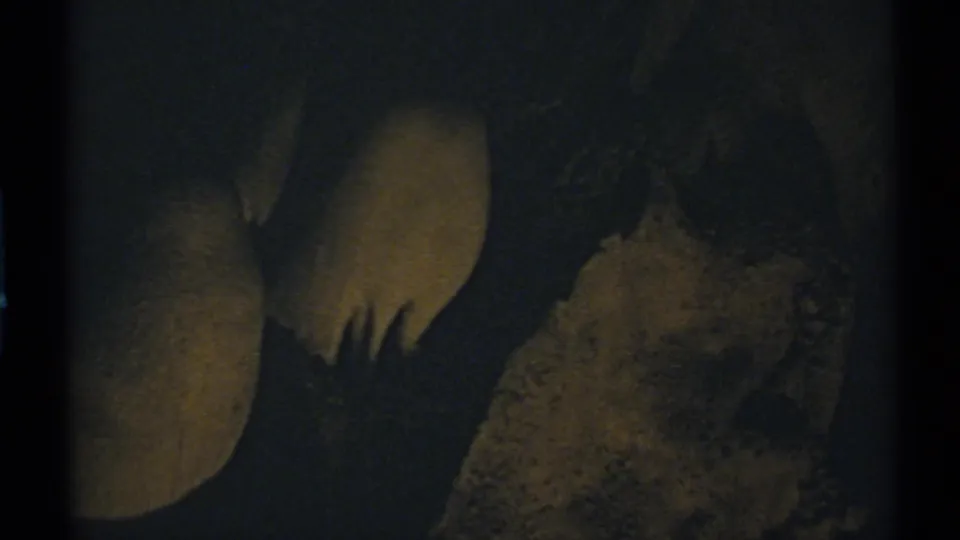 Low-light 8mm frame of rounded cave formations and rugged stone surfaces inside a New Mexico cavern, with deep shadows and warm illumination.