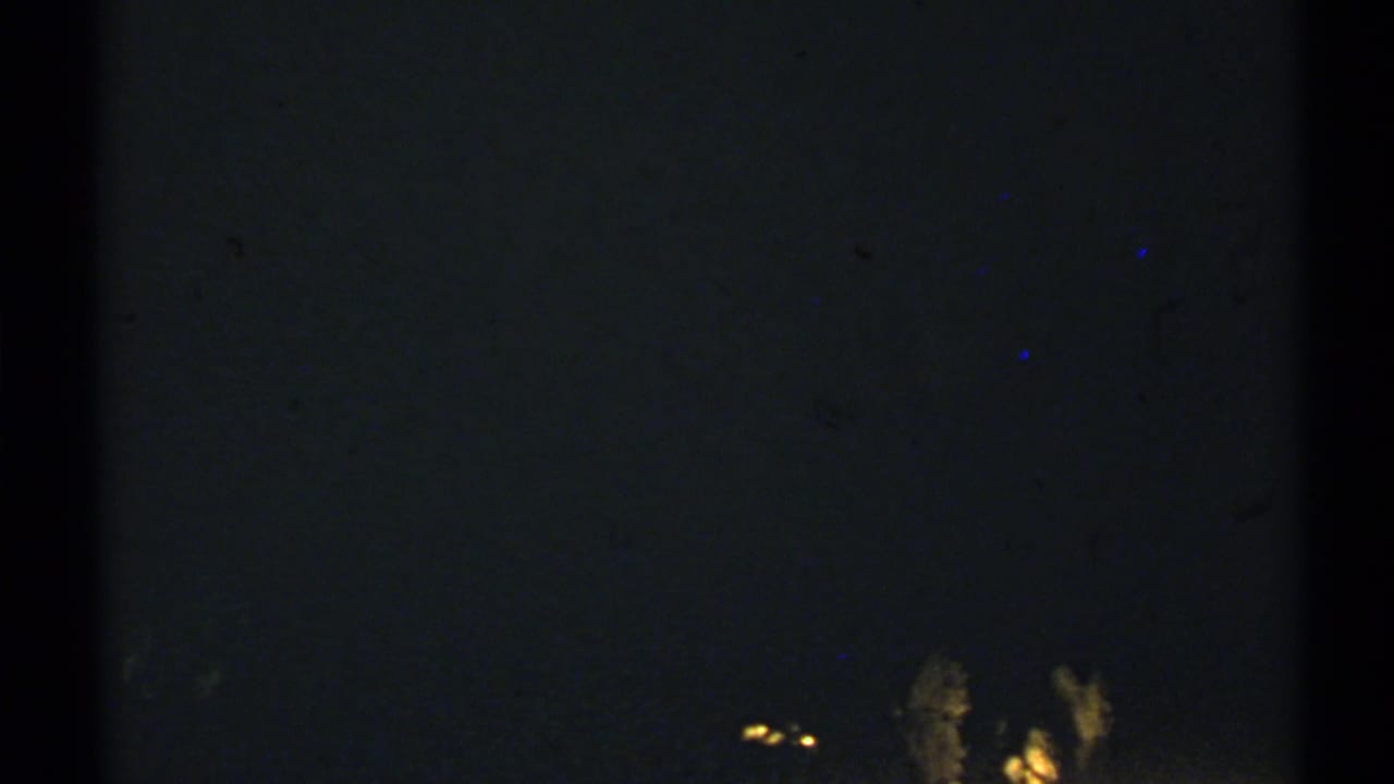 Dark 1972 8mm frame with faint lights or rock shapes barely visible against heavy shadow.