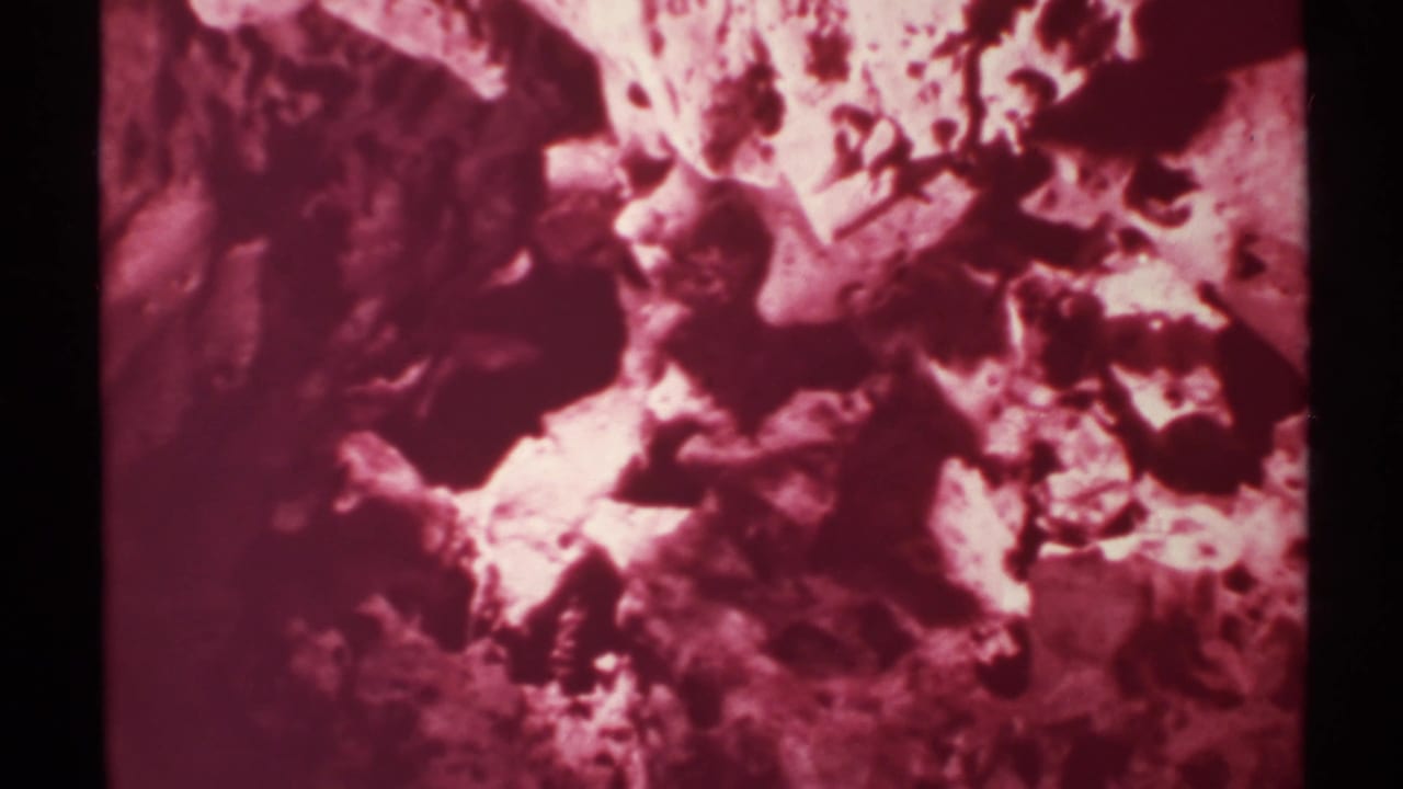 1972 New Mexico 8mm frame showing a tight, magenta-toned view of rugged rock texture and shadowed cracks.
