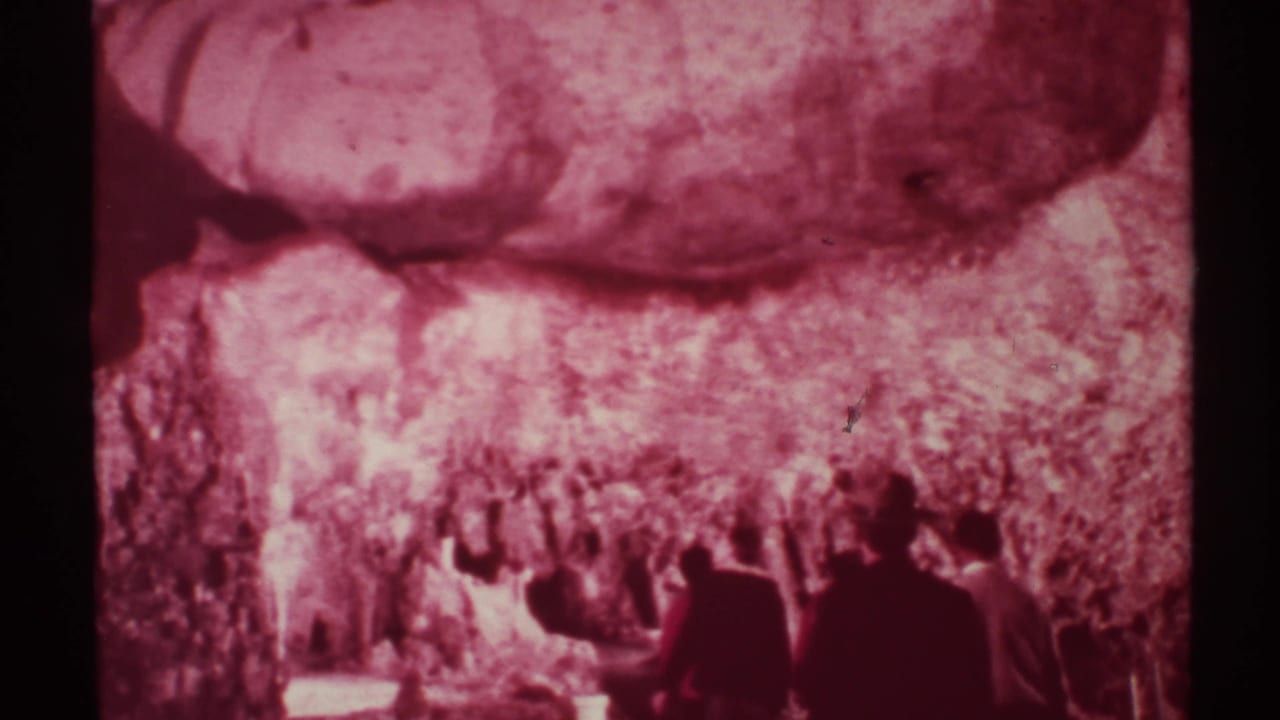 Formally dressed visitors stand beneath hanging cave formations.